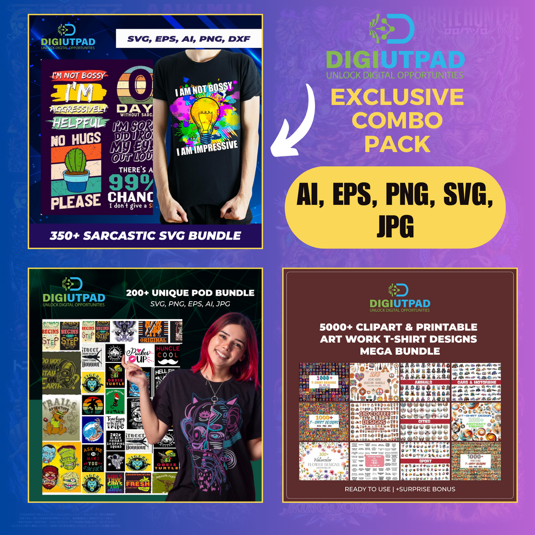 DIGIUTPAD™ 350 Sarcastic + 200 Unique + 5000 Clipart Work T-Shirt Design Mega Combo Pack