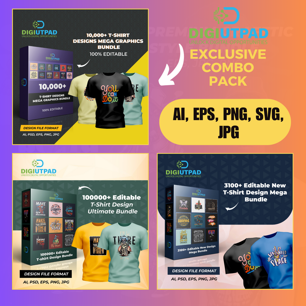 DIGIUTPAD™ 10000 Editable + 3100 Editable + 100000 Editable T-Shirt Designs Mega Bundle Combo Pack